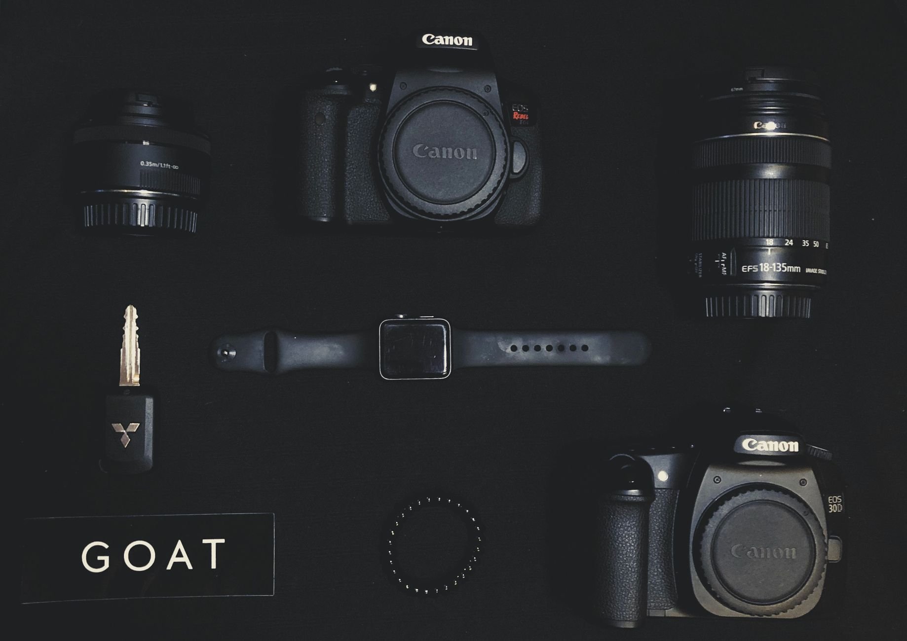 Flat lay of camera gear including Canon lenses on a dark background.